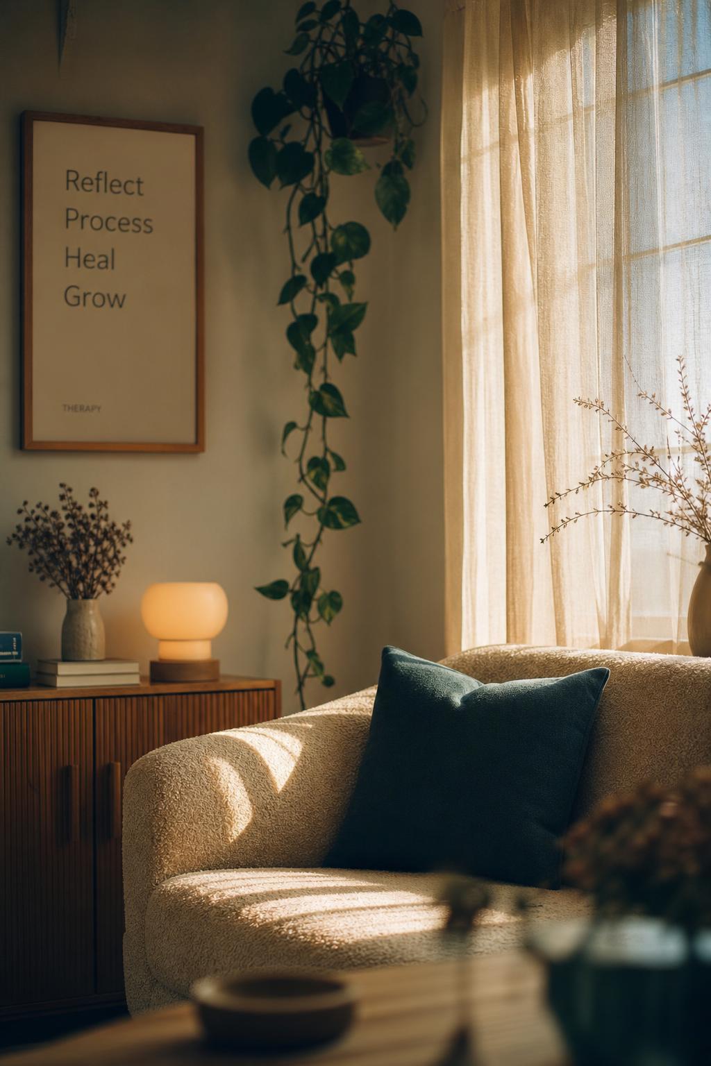 Soft golden light through sheer curtains onto a warm linen couch in a calm therapy room