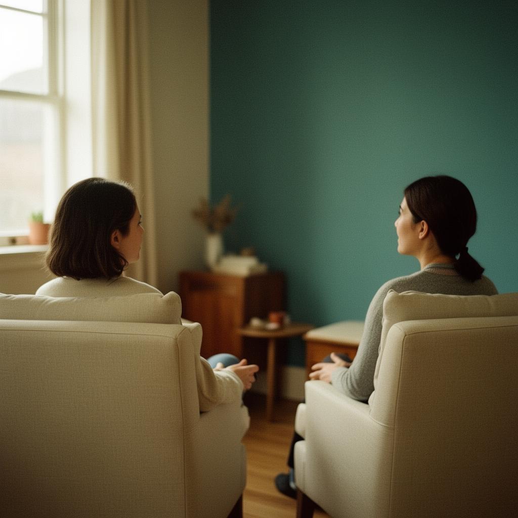 Two people sitting across from each other in a warm therapy room with soft natural light