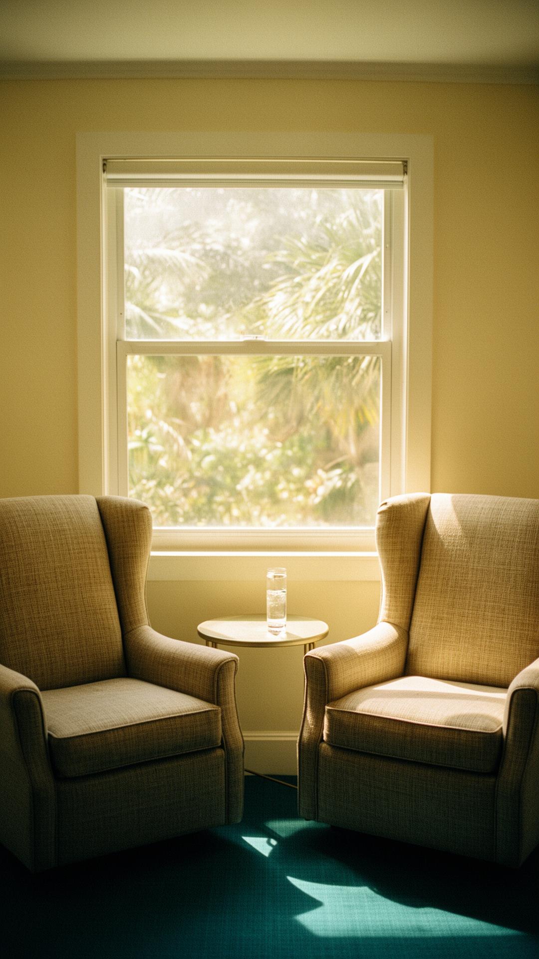Two empty linen armchairs facing each other in a softly lit room