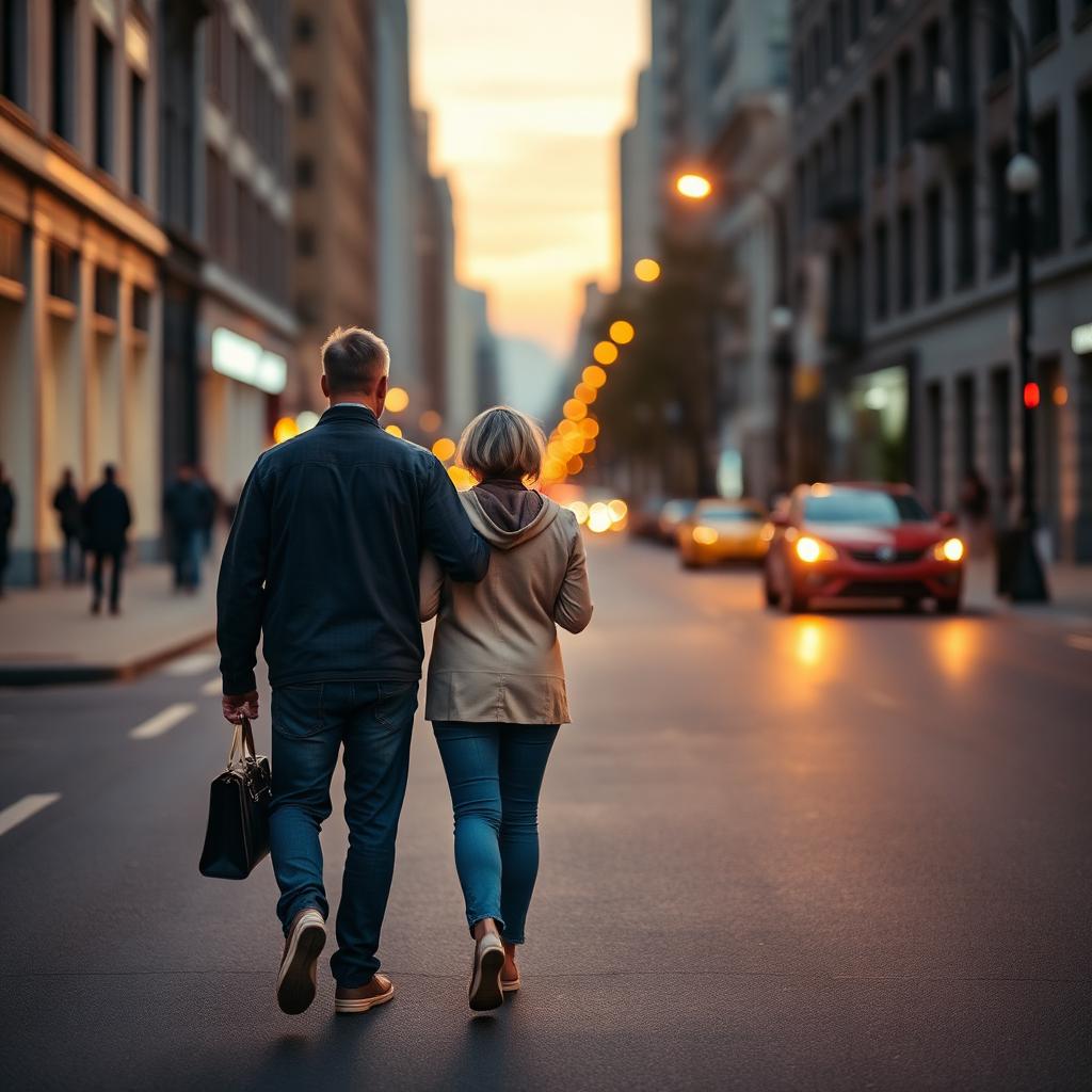 Couple walking together through a golden field at sunset, holding hands